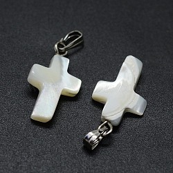 Shell Pendants, with Brass Findings, Cross, Platinum, 18~20x9~11x3~5mm, Hole: 2x5mm(SSHEL-E565-A-02P)