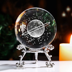 Inner Carving Planet Glass Crystal Ball Diaplay Decoration, with Alloy Pedestal, Fengshui Home Decor, Clear, 80x80mm(PW-WG6A189-01)