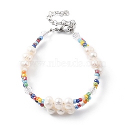 Multi-strand Bracelets, with Glass Seed Beads, Natural Pearl Beads, Glass Beads and 304 Stainless Steel Lobster Claw Clasps, Colorful, 7-5/8 inch(19.5cm)(BJEW-JB05492-03)