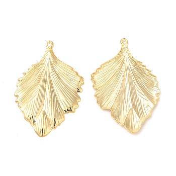 Rack Plating Brass Pendants, Cadmium Free & Lead Free, Leaf Charm, Real 24K Gold Plated, 37x24.5x1.5mm, Hole: 1.4mm