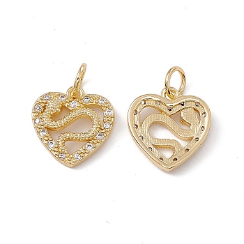 Brass Micro Pave Cubic Zirconia Pendant, with Glass & Jump Ring, Real 18K Gold Plated, Heart with Snake Charm, Clear, 3.5x13x3mm, Hole: 4mm