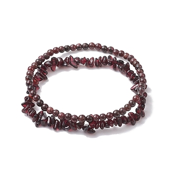 Chip & Round Natural Garnet Beaded Stretch Bracelets for Women, Inner Diameter: 1-7/8~2-1/8 inch(4.7~5.5cm), 2pcs/set