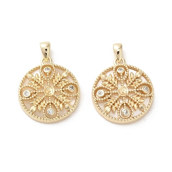 Brass Micro Pave Cubic Zirconia Pendants, with Shell, Flat Round, Real 18K Gold Plated, 12.5x15x3.5mm, Hole: 1mm