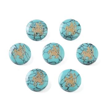 Synthetic Turquoise Beads, with Golden Tone Brass Slices, Flat Round with Constellations, Sagittarius, 15x5mm, Hole: 1mm