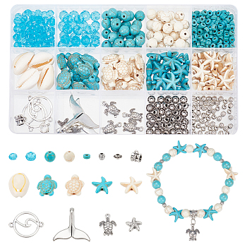 DIY Jewelry Making Finding Kit, Including Synthetic Turquoise & Glass Beads, Shell & Alloy Links Connectors, Alloy Beads & Pendants & Tube Bails, Turtle & Whale Tail & Starfish, Mixed Color, 466Pcs/box