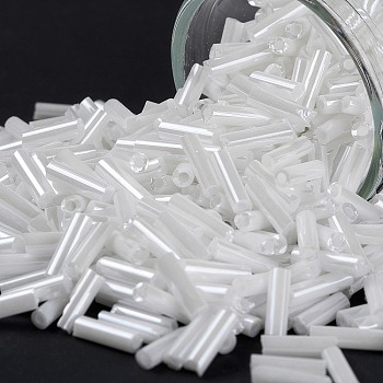 Glass Bugle Beads, Opaque Colours Luster Seed Beads, Round Hole, White, 6x1.8mm, Hole: 0.6mm