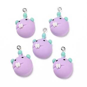 Opaque Resin Pendants, with Platinum Tone Iron Loops, Monster, Lilac, 28x17x9mm, Hole: 2mm