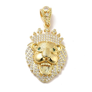 Brass Micro Pave Cubic Zirconia Pendants, Long-Lasting Plated, Real 18K Gold Plated, Lion with Crown, Clear, 32x21x7.5mm, Hole: 4.5x7.5mm