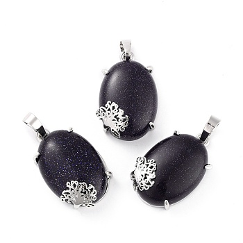 Synthetic Blue Goldstone Pendants, with Platinum Tone Brass Findings, Cadmium Free & Lead Free, Oval with Tree, 28~29.5x18.5x9.5mm, Hole: 8x5mm