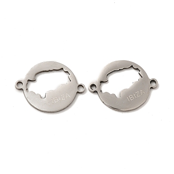 201 Stainless Steel Connector Charms, Flat Round with Ibiza Map, Stainless Steel Color, 14x18x1mm, Hole: 1.4mm
