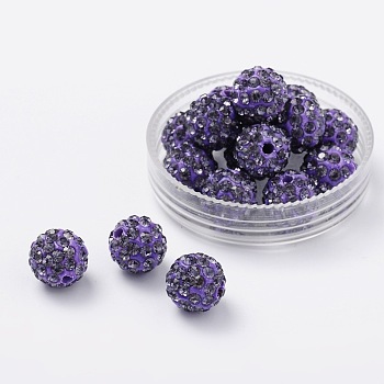 Pave Disco Ball Beads, Polymer Clay Rhinestone Beads, Round, Tanzanite, PP13(1.9~2mm), 6 Rows Rhinestone, 10mm, Hole: 2mm