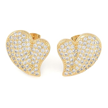 Brass Pave Clear Cubic Zirconia Studs Earring for Women, Heart, Real 18K Gold Plated, 20x18mm