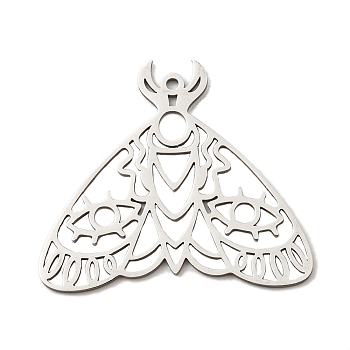 Non-Tarnish 201 Stainless Steel Pendants, Laser Cut, Moth Charm, Stainless Steel Color, 26x30x1mm, Hole: 1.2mm