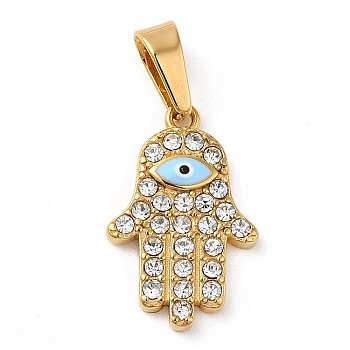 Ion Plating(IP) 304 Stainless Steel Micro Pave Clear Cubic Zirconia Pendants, with Enamel, Hamsa Hand, Golden, 20x13x2.5mm, Hole: 7x3.5mm