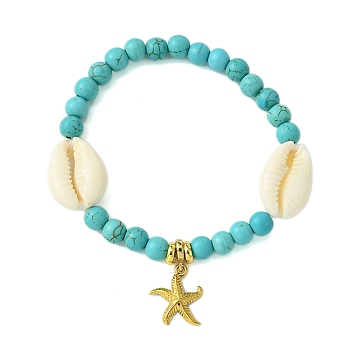 6mm Round Synthetic Turquoise & Natural Shell Beaded Stretch Bracelets, Beach Starfish 304 Stainless Steel Charm Bracelets for Women, Golden, Inner Diameter: 2-1/8 inch(5.4cm)