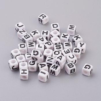 Chunky Letter Acrylic Cube Beads for Kids Jewelry, Horizontal Hole, White, about 7mm wide, 7mm long, 7mm high, hole: 3.5mm