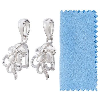 2Pcs 925 Sterling Silver Ice Pick Pinch Bails, Flower, with S925 Stamp, with 1Pc Suede Fabric Square Silver Polishing Cloth, Real Platinum Plated, 14.5x7.5mm, Hole: 4.5x3.5mm, Pin: 0.9mm