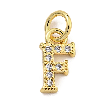 Initial Letter Brass with Cubic Zirconia Charms, Real 18K Gold Plated, Long-Lasting Plated, Lead Free & Cadmium Free, Letter F, 10x5.5x1.5mm, ring: 5x1mm, inner diameter: 3mm