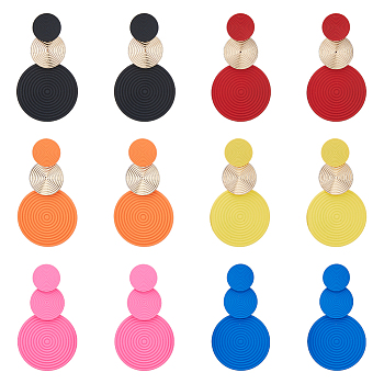 6 Pairs 6 Colors Spray Painted Alloy Dangle Stud Earrings for Women, Flat Round, Mixed Color, 62~64x35mm, 1 Pair/color