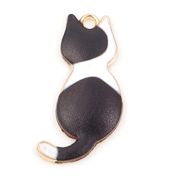 Alloy Enamel Pendants, Golden, Cat Charms, Black, 30x16x2.5mm, Hole: 2mm