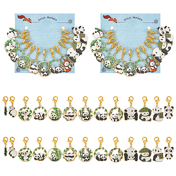 Panda & Bamboo Pendant Stitch Markers, Alloy Enamel Crochet Lobster Clasp Charms, Locking Stitch Marker with Wine Glass Charm Ring, Mixed Color, 3.5~4.3cm, 13 style, 1pc/style, 13pcs/set