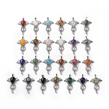 Gemstone Teardrop Pendants, Key Charms, with Rack Plating Platinum Tone Brass Findings, 46x32x9~10.5mm, Hole: 7x5mm