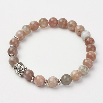 Natural Multi-Moonstone Stretch Bracelets, with Brass Beads & Alloy Buddha Head Beads, Round, Colorful, 2-1/8 inch(55mm)