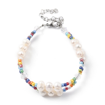 Multi-strand Bracelets, with Glass Seed Beads, Natural Pearl Beads, Glass Beads and 304 Stainless Steel Lobster Claw Clasps, Colorful, 7-5/8 inch(19.5cm)