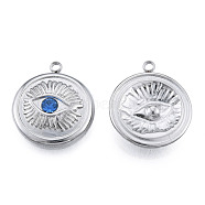 304 Stainless Steel Pendants, with Sapphire Rhinestone, Flat Round with Eye, Stainless Steel Color, 17.5x15x3mm, Hole: 1.5mm(STAS-N098-166P)