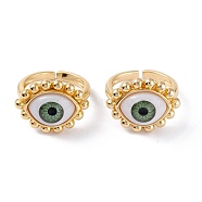 Brass Cuff Rings, Open Rings, with Resin Beads, Long-Lasting Plated, Real 18K Gold Plated, Evil Eye, Sea Green, 3mm, Inner Diameter: 17.5mm(RJEW-M138-24G-C)