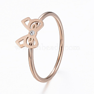 304 Stainless Steel Finger Rings, with Rhinestone, Bowknot, Mixed Size, Rose Gold, 16~18mm(RJEW-K221-M-14RG)