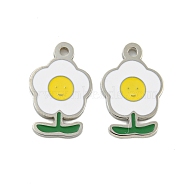 304 Stainless Steel Charms, with Enamel, Flower with Smiling Face Charm, Stainless Steel Color, White, 13x8x1mm, Hole: 1mm(STAS-L022-435P-03)