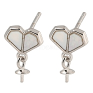 Rhodium Plated 925 Sterling Silver Stud Earrings Finding, with Shell and 925 Sterling Silver Pin, Heart, Real Platinum Plated, 13x8mm, Pin: 11x1mm (STER-B005-03P)