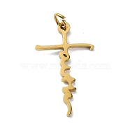 304 Stainless Steel Pendants, with Jump Rings, Laser Cut, Cross with Word Faith Charm, Golden, 24.5x14.5x1mm, Hole: 3mm(STAS-C097-66G)