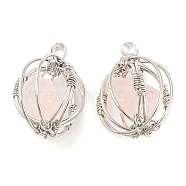 Natural Rose Quartz Pendants, Ball Charms with Rack Plating Platinum Plated Brass Findings, Lead Free & Cadmium Free, 32.5~33.5x28.5~30.5x24~26.5mm, Hole: 8.5x5mm(G-H293-03P-03)