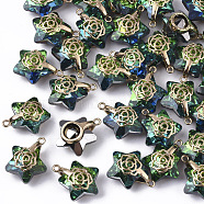 Electroplate Glass Pendants, with Light Gold Plated Brass Ice Pick Pinch Bails, Faceted, Star with Rose, Green, 16x13.5x7mm, Hole: 1.2mm(EGLA-N005-003D)