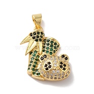 Rack Plating Brass Micro Pave Cubic Zirconia Pendants, Cadmium Free & Lead Free, Long-Lasting Plated, Real 18K Gold Plated, Bamboo with Panda, Colorful, 22x18x6.5mm, Hole: 4.6x3.5mm(KK-E281-21G)