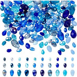 178Pcs Glass Beads, Teardrop, Faceted, Transparent/Opaque, Mixed Style, Blue, 6~12x4~8mm, Hole: 0.9~1.4mm(GLAA-NB0001-69B)