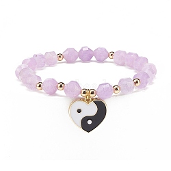 Natural Amethyst Stretch Bracelet, Alloy Enamel Heart with Yin Yang Charm Bracelet for Women, Inner Diameter: 2-1/8 inch(5.3cm)(BJEW-JB08525-05)