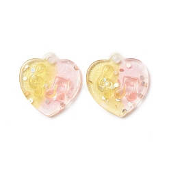Two Tone Transparent Resin Pendants, with Glitter Powder, Heart Charm with Music Note Pattern, Pink, Gold, 20x20x5mm, Hole: 2mm(RESI-C019-01B)