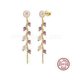 Natural Lepidolite & Natural Freshwater Pearl & 925 Sterling Silver Leaf Dangle Stud Earrings for Women, Real 14K Gold Filled, 54.5x7.5mm(EJEW-G412-02G)