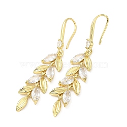 Cubic Zirconia Leaf Dangle Earrings, Brass Long Earrings for Women, Real 18K Gold Plated, 53x10mm(EJEW-G353-09G)