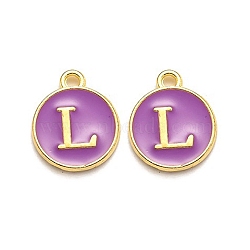 Golden Plated Alloy Enamel Charms, Enamelled Sequins, Flat Round with Alphabet, Letter.L, Purple, 14x12x2mm, Hole: 1.5mm(ENAM-Q437-12L)