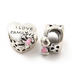 Rack Plating Alloy Enamel European Beads, Large Hole Beads, Heart with Girl & Word I Love Family, Antique Silver, 12x12x9mm, Hole: 5mm(PALLOY-P289-43AS)