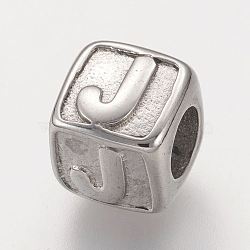 304 Stainless Steel European Beads, Horizontal Hole, Large Hole Beads, Cube with Letter.J, 8x8x8mm, Hole: 4mm(STAS-G134-01P-J)