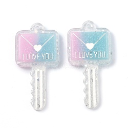 Two Tone Resin Big Pendants, Valentine's Day Theme, Glitter Powder, Envelope Key with Word I LOVE YOU, Pink, 57.5x28x6mm, Hole: 2.3mm(RESI-Z001-03A)