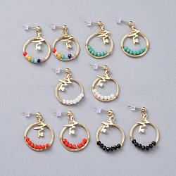 Faceted Glass Dangle Earrings, with Copper Wire, Heartbeat Brass Pendants, Brass Stud Earring Findings, Plastic Ear Nuts and Cardboard Packing Box, Mixed Color, 35mm, Pin: 0.8mm(EJEW-JE03734)