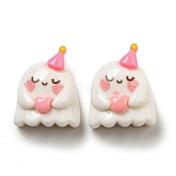 Halloween Opaque Resin Decoden Cabochons, Small Ghost with Heart, Pink, 13.5x11x7mm(CRES-R202-01C)