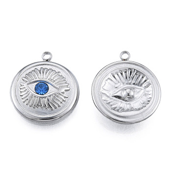 304 Stainless Steel Pendants, with Sapphire Rhinestone, Flat Round with Eye, Stainless Steel Color, 17.5x15x3mm, Hole: 1.5mm