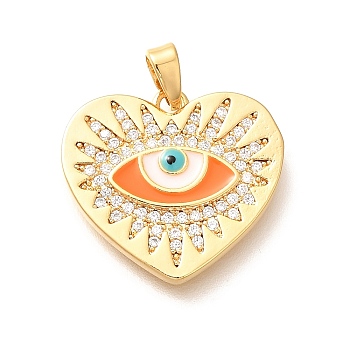 Brass Micro Pave Clear Cubic Zirconia Pendents, Heart Charms, with Enamel, Real 18K Gold Plated, Rack Plating, Lead Free & Cadmium Free, Evil Eye, 18x19.5x2.5mm, Hole: 4.5x2.5mm